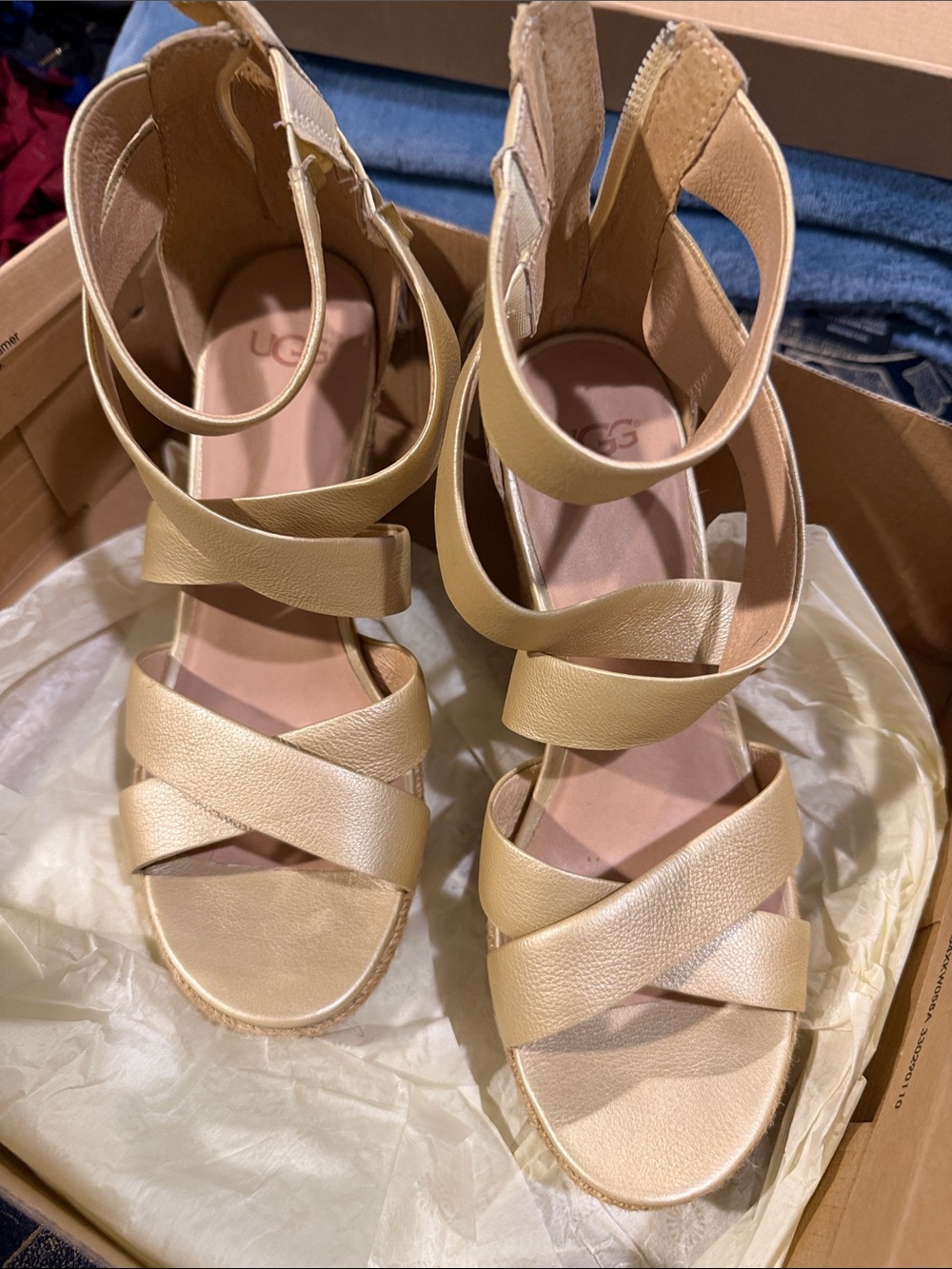 UGG Women's goldish shimmer  nude Strappy Wedge Sandals